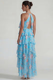Blue Pink Halter Tiered Chiffon A Line Printed Floral Dress with Ruffles