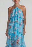 Blue Pink Halter Tiered Chiffon A Line Printed Floral Dress with Ruffles