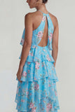 Blue Pink Halter Tiered Chiffon A Line Printed Floral Dress with Ruffles