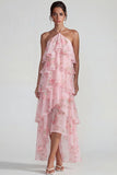 Blue Pink Halter Tiered Chiffon A Line Printed Floral Dress with Ruffles