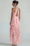 Blue Pink Halter Tiered Chiffon A Line Printed Floral Dress with Ruffles
