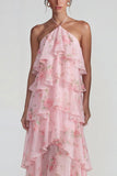 Blue Pink Halter Tiered Chiffon A Line Printed Floral Dress with Ruffles