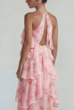 Blue Pink Halter Tiered Chiffon A Line Printed Floral Dress with Ruffles
