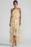 Blue Pink Halter Tiered Chiffon A Line Printed Floral Dress with Ruffles
