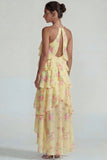 Blue Pink Halter Tiered Chiffon A Line Printed Floral Dress with Ruffles