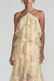 Blue Pink Halter Tiered Chiffon A Line Printed Floral Dress with Ruffles