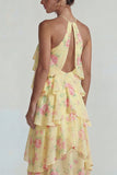 Blue Pink Halter Tiered Chiffon A Line Printed Floral Dress with Ruffles