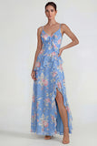 Blue Ruffled Pink Floral Chiffon A Line Midi Dress with Slit