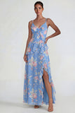 Blue Ruffled Pink Floral Chiffon A Line Midi Dress with Slit