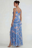 Blue Ruffled Pink Floral Chiffon A Line Midi Dress with Slit