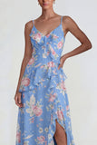 Blue Ruffled Pink Floral Chiffon A Line Midi Dress with Slit