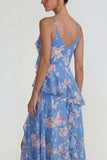 Blue Ruffled Pink Floral Chiffon A Line Midi Dress with Slit