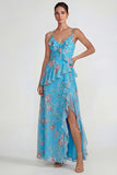 Blue Ruffled Pink Floral Chiffon A Line Midi Dress with Slit