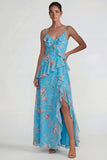Blue Ruffled Pink Floral Chiffon A Line Midi Dress with Slit