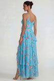 Blue Ruffled Pink Floral Chiffon A Line Midi Dress with Slit