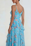 Blue Ruffled Pink Floral Chiffon A Line Midi Dress with Slit