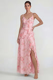 Blue Ruffled Pink Floral Chiffon A Line Midi Dress with Slit