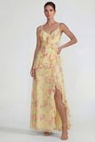 Blue Ruffled Pink Floral Chiffon A Line Midi Dress with Slit