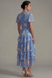 Blue V Neck Pink Floral Chiffon Ruffled A Line Midi Dress with Short Sleeves