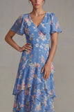 Blue V Neck Pink Floral Chiffon Ruffled A Line Midi Dress with Short Sleeves