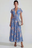Blue Deep V Neck Chiffon A Line Floral Dress with Bowknot