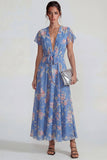 Blue Deep V Neck Pink Floral Chiffon A Line Midi Dress with Bowknot