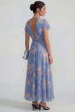 Blue Deep V Neck Chiffon A Line Floral Dress with Bowknot