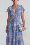 Blue Deep V Neck Chiffon A Line Floral Dress with Bowknot