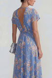 Blue Deep V Neck Chiffon A Line Floral Dress with Bowknot