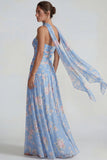 Blue Strapless Ruched A Line Chiffon Long Floral Dress with Streamer