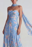 Blue Strapless Ruched A Line Chiffon Long Floral Dress with Streamer