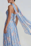 Blue Strapless Ruched A Line Chiffon Long Floral Dress with Streamer