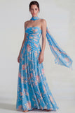 Blue Strapless Ruched A Line Chiffon Long Floral Dress with Streamer