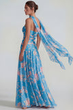 Blue Strapless Ruched A Line Chiffon Long Floral Dress with Streamer