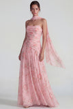 Blue Strapless Ruched A Line Chiffon Long Floral Dress with Streamer