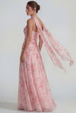 Blue Strapless Ruched A Line Chiffon Long Floral Dress with Streamer