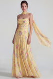 Blue Strapless Ruched A Line Chiffon Long Floral Dress with Streamer