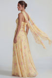 Blue Strapless Ruched A Line Chiffon Long Floral Dress with Streamer