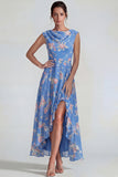 Blue A Line Cowl Neck Chiffon Ruffled Floral Dress with Slit