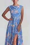 Blue Pink Floral Chiffon Ruffled A Line Midi Dress with Slit