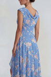 Blue Pink Floral Chiffon Ruffled A Line Midi Dress with Slit