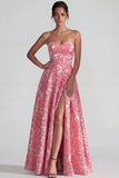 Blush Jacquard Strapless Ruched A Line Long Evening Dress with Slit