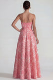 Blush Jacquard Strapless Ruched A Line Long Evening Dress with Slit