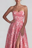 Blush Jacquard Strapless Ruched A Line Long Evening Dress with Slit