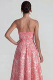 Blush Jacquard Strapless Ruched A Line Long Evening Dress with Slit