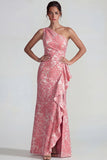 One Shoulder Blush Jacquard Rufffled Sheath Long Prom Dress with Slit