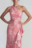 One Shoulder Blush Jacquard Rufffled Sheath Long Prom Dress with Slit