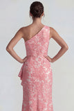 One Shoulder Blush Jacquard Rufffled Sheath Long Prom Dress with Slit