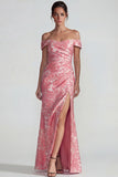 Blush Jacquard Sheath Off the Shoulder Ruched Long Prom Dress with Slit