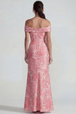 Blush Jacquard Sheath Off the Shoulder Ruched Long Prom Dress with Slit